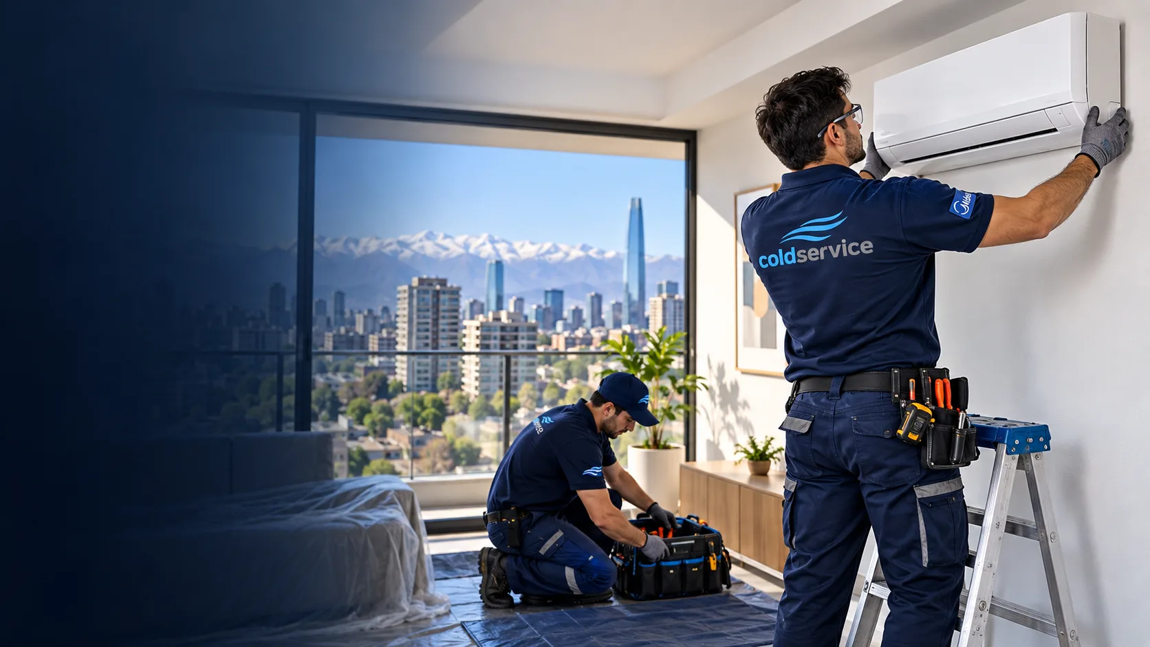 Técnicos de Cold Service instalando un aire acondicionado split en Santiago